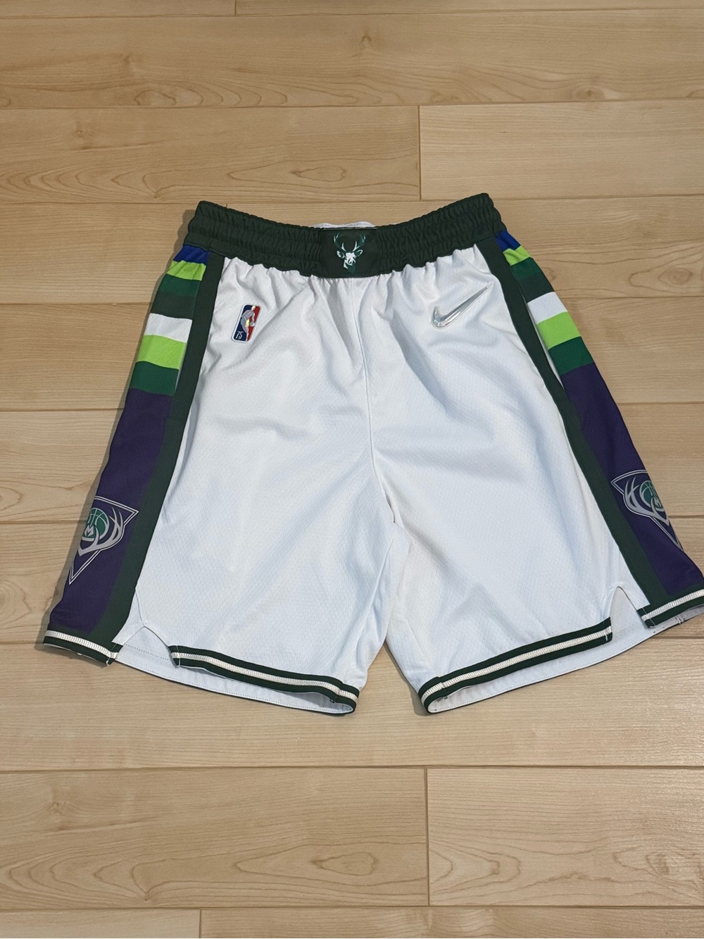 Nike White Milwaukee Bucks Hardwood Classics Shorts with Green & Purple Accents